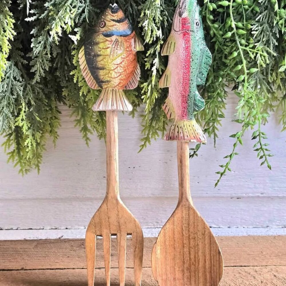 Primitive Wooden Fish Salad Serving Utensil Set Northwoods Cabin Decor